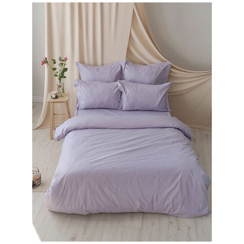 Постельное белье 2-спальное с европростыней MOYЁ HOME Lilac страйп-сатин, 100% хлопок
