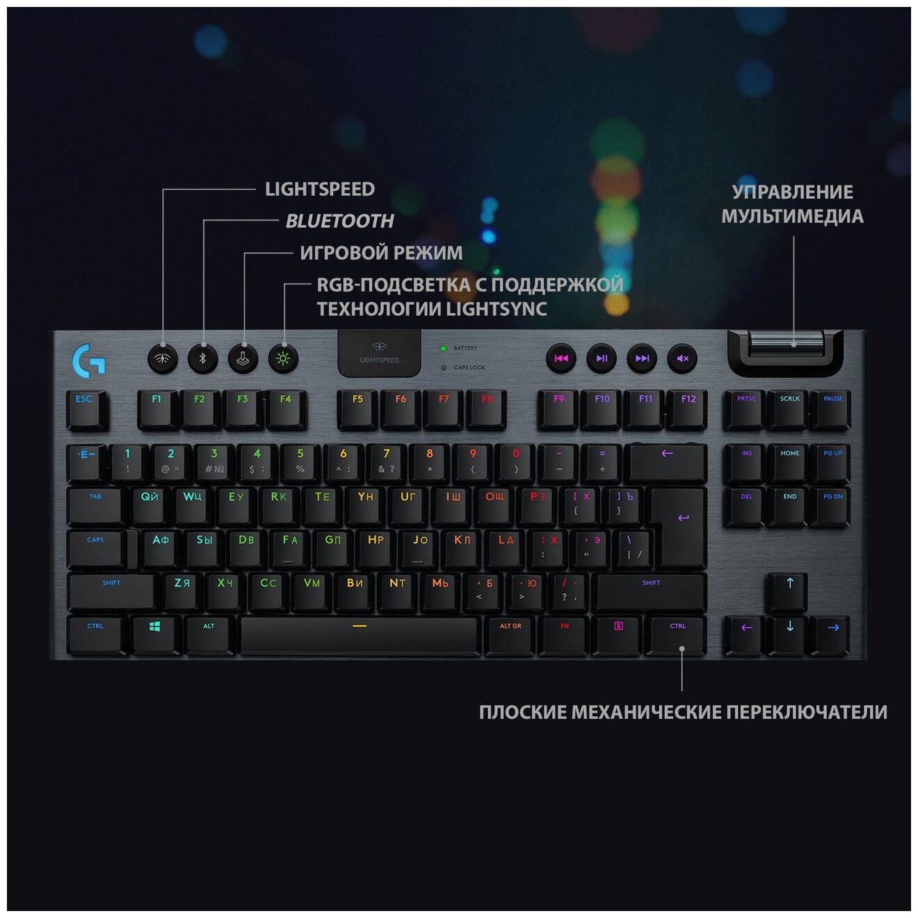 Клавиатура LOGITECH G915 TKL Lightspeed, USB, Bluetooth/Радиоканал, черный [920-009536] - фото №13