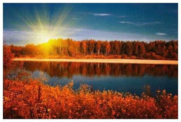 Постер на холсте Заходящее солнце над осенним лесом (The setting sun over the autumn forest) 45см. x 30см.