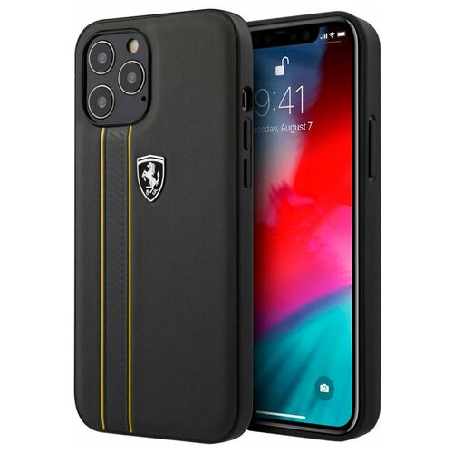 фото Кожаный чехол-накладка для iphone 12 pro max ferrari off-track genuine leather stitched stipe hard, серый (feodihcp12ldg)