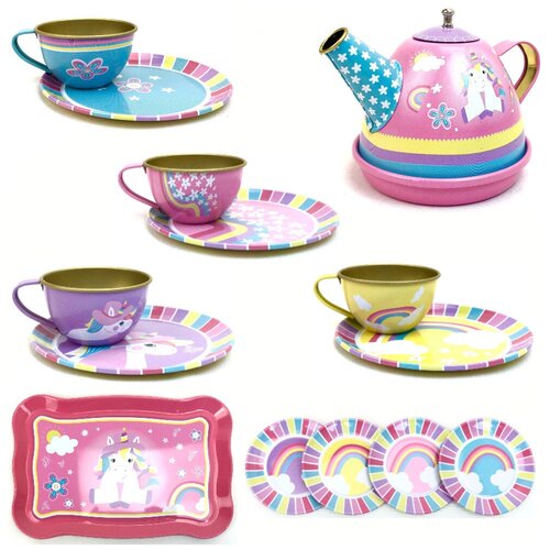Купить Игрушечный набор металлической посуды для чаепития Tea Set Party, 14 предметов, набор посуды, детская посудка, чайник, поднос, 40х30х9 см, ТехноК, розовый