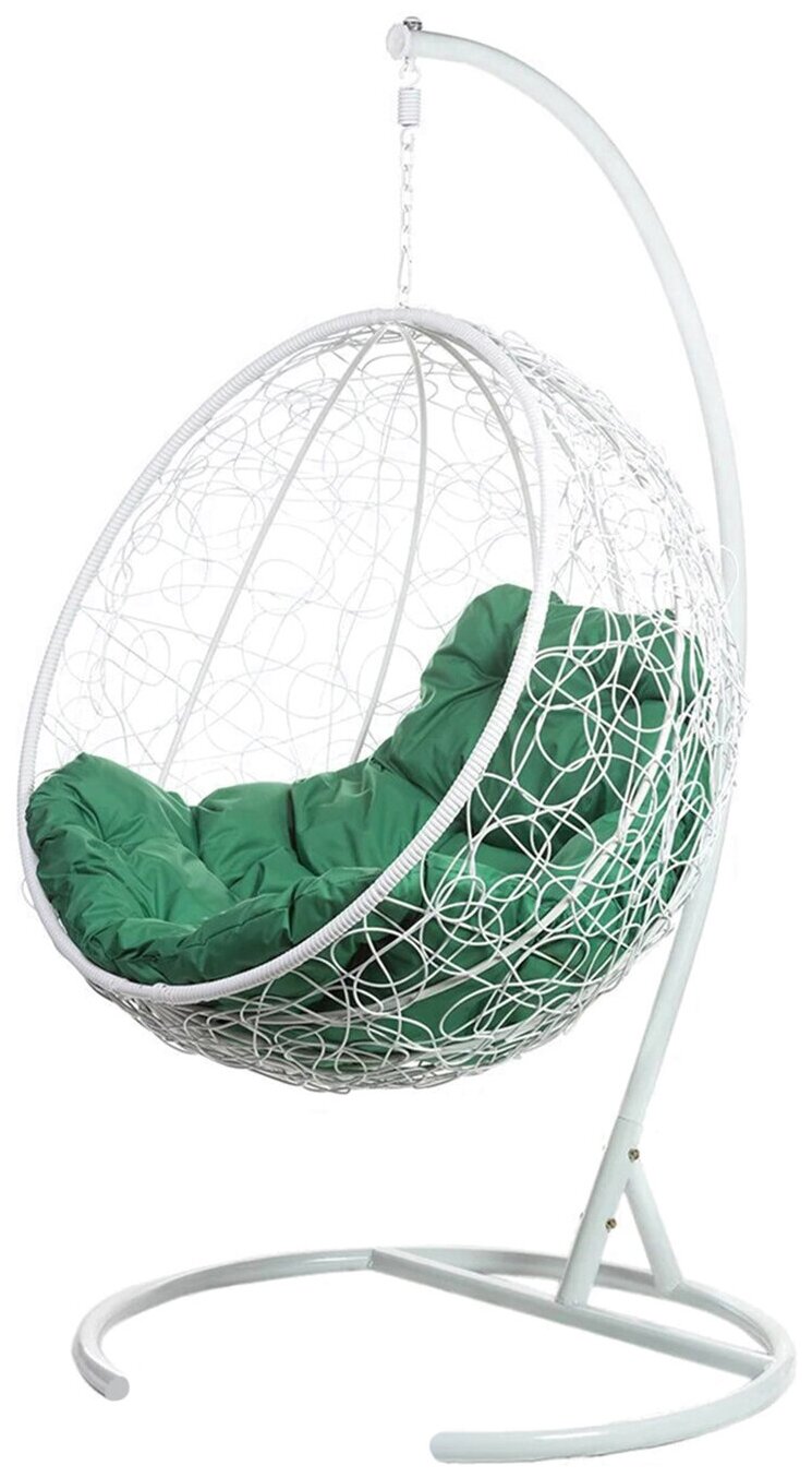 Кресло подвесное "Kokos", белое, со стойкой, зеленая подушка (чехол в подарок)