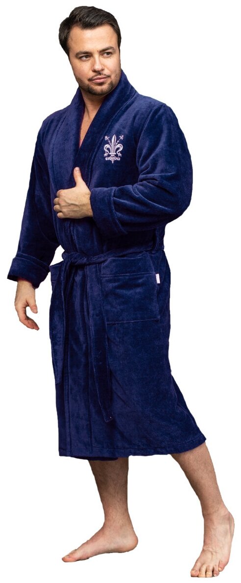 Халат мужской велюровый LOUIS воротник шалька, вышивка (Синий) (2XL) - фотография № 2
