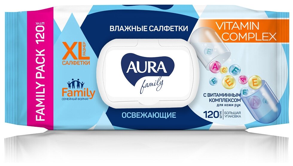 Aura Влажные салфетки Family освежающие XL для всей семьи с витаминным комплексом