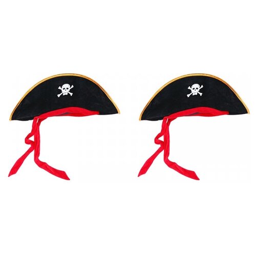 Шляпа пирата Пиратская треуголка с красной лентой с черепом (Набор 2 шт.)