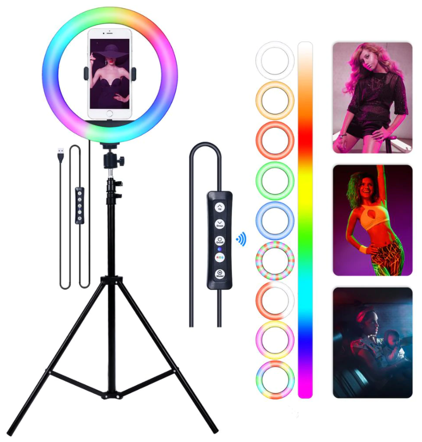 Светодиодная кольцевая лампа LED RGB 26 см с держателем и штативом 210 см / селфи кольцо 15 цветовых схем (3 основных и 7 цветов радуги) — фото 1