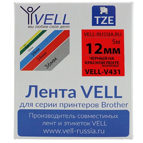 Лента виниловая Vell V-431 (12 мм, черный на красном) для PT 1010/1280/D200/H105/E100/ D600/E300/2700/ P700/E550/9700 Vell-V431