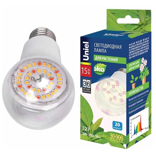 Лампа светодиодная для растений (UL-00007405) Uniel LED-A60-15W/SPFB/E27/CL PLP30WH