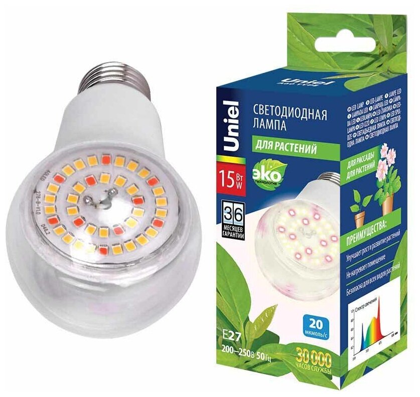фото Лампа светодиодная для растений (UL-00007405) Uniel LED-A60-15W/SPFB/E27/CL PLP30WH