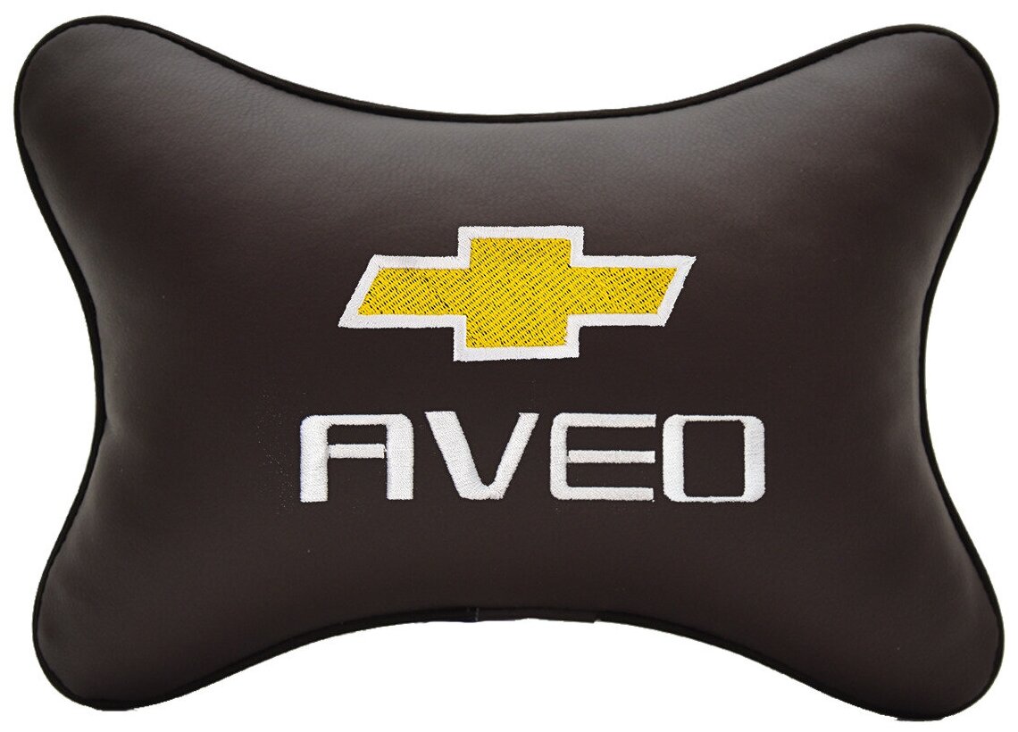 Автомобильная подушка на подголовник экокожа Coffee с логотипом автомобиля CHEVROLET Aveo