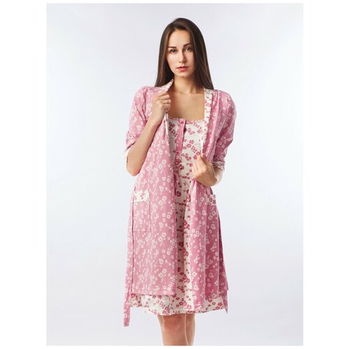 фото Комплект style margo, сорочка, халат, пояс, размер 54, розовый