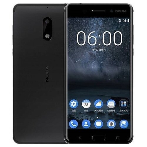 Nokia NOKIA 6 DS TA-1021 BLACK, 5.5'' 1920x1080, 1.2GHz, 8 Core, 3GB RAM, 32GB, up to 128GB flash, 16Mpix/8Mpix, 2 Sim, 2G, 3G, LTE, BT, Wi-Fi, NFC, GPS, Glonass, Micro-USB, 3000mAh, Android 7.1.1, 165g, 154x75.8x7.85, считыватель отпечатков пальцев