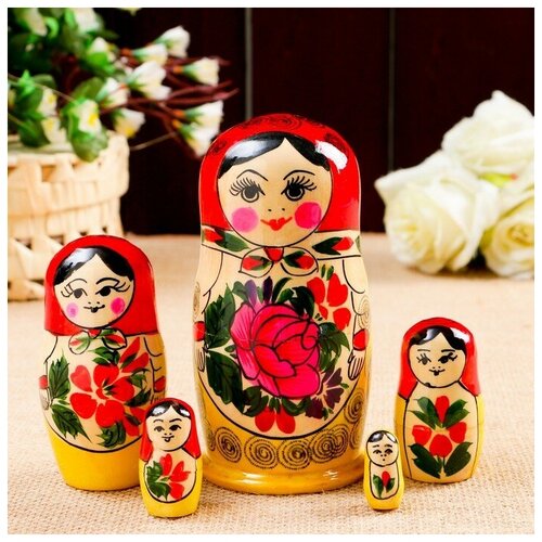 фото Матрёшка "семёновская", красный платок, 5 кукольная, 14-15 см сима-ленд