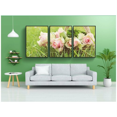 фото Модульный постер "розы, благородные розы, корзина" 180x90 см. из 3х частей в тубусе, без рамки lotsprints