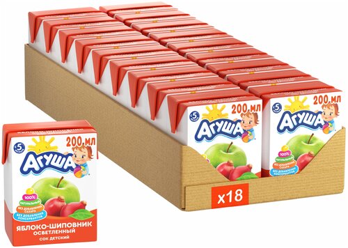 Сок осветленный Агуша Яблоко-шиповник (Tetra Pak), с 5 месяцев, 0.2 л, 18 уп.