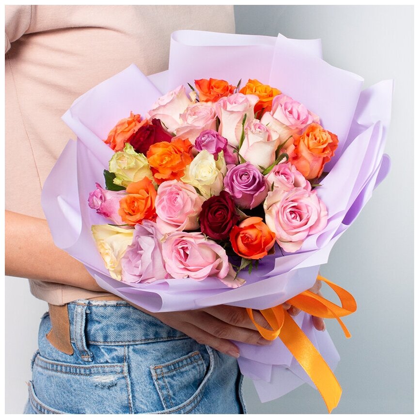 Букет из разноцветных роз 25 шт. (35 см) Л'Этуаль Flowers живые свежие цветы