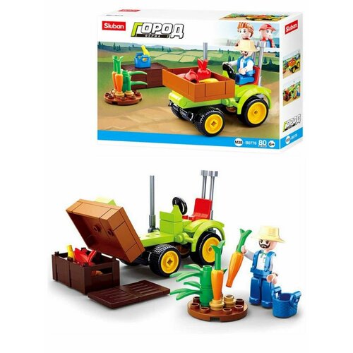 Конструктор пластиковый. SLUBAN Город. Трактор с урожаем (80 деталей).