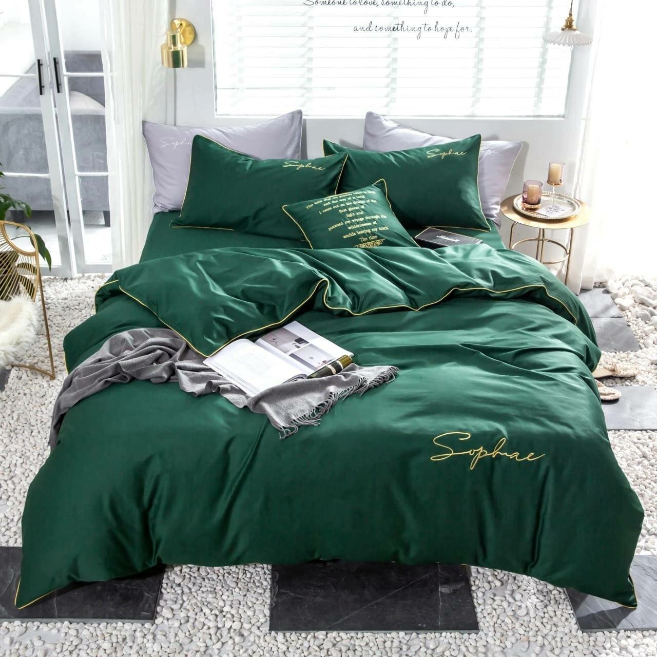 Комплект постельного белья Евро Winni Хлопок/Жатка простыня на резинке, Зеленый
