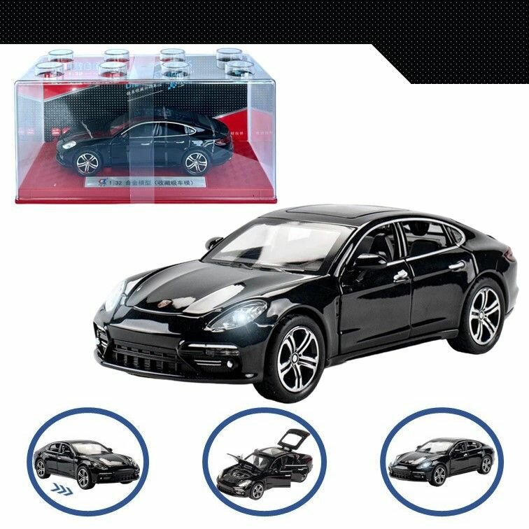 Машинка металлическая инерционная, игрушка детская для мальчика коллекционная масштабная модель 1:32 Porsche Panamera ; Порше Панамера в боксе черный