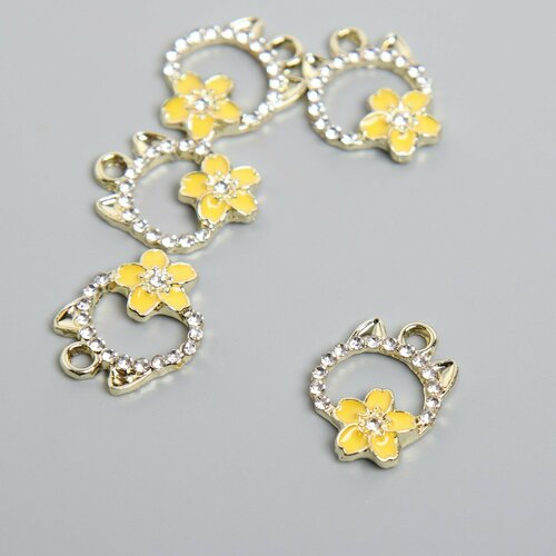 Декор для творчества металл эмаль стразы Кошечка с жёлтым цветком золото 12х17 см 5шт 360₽