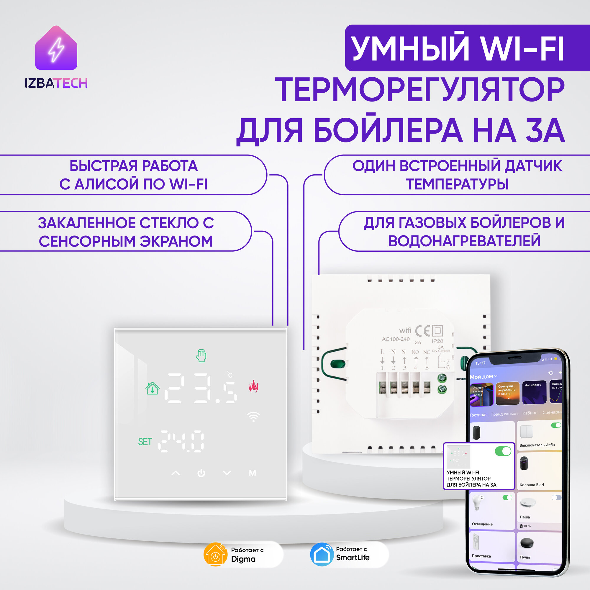 Умный сенсорный терморегулятор для бойлера WIFI с Алисой для умного дома в новой версии, белый термостат на 3А с ЖК экраном