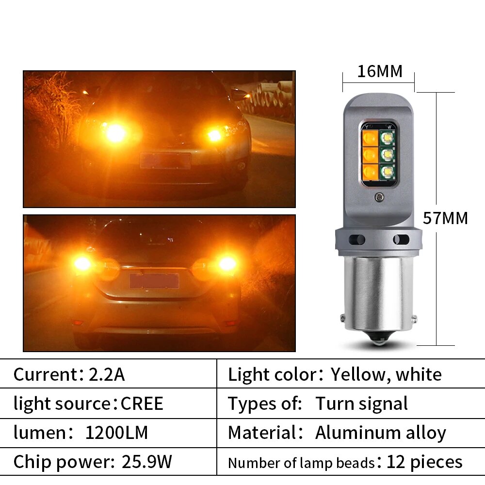 1156 P21W BA15S PY21W BAU15S Светодиодные автомобильные лампы указателя поворота DRL белые yellCanbus без ошибок py21w 7440 W21W T20 Указатель поворота, white yellow, 1156 PY21W BAU15S — фото 1