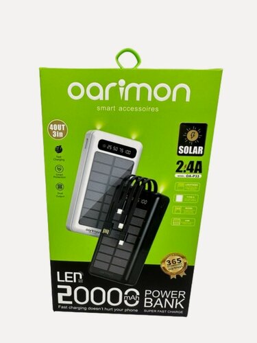 Изображение товара Powerbank Oarimon на 20000 мАч с фонариком, 4 встроенных кабеля; Micro USB, Type-C, Lightning, USB,
