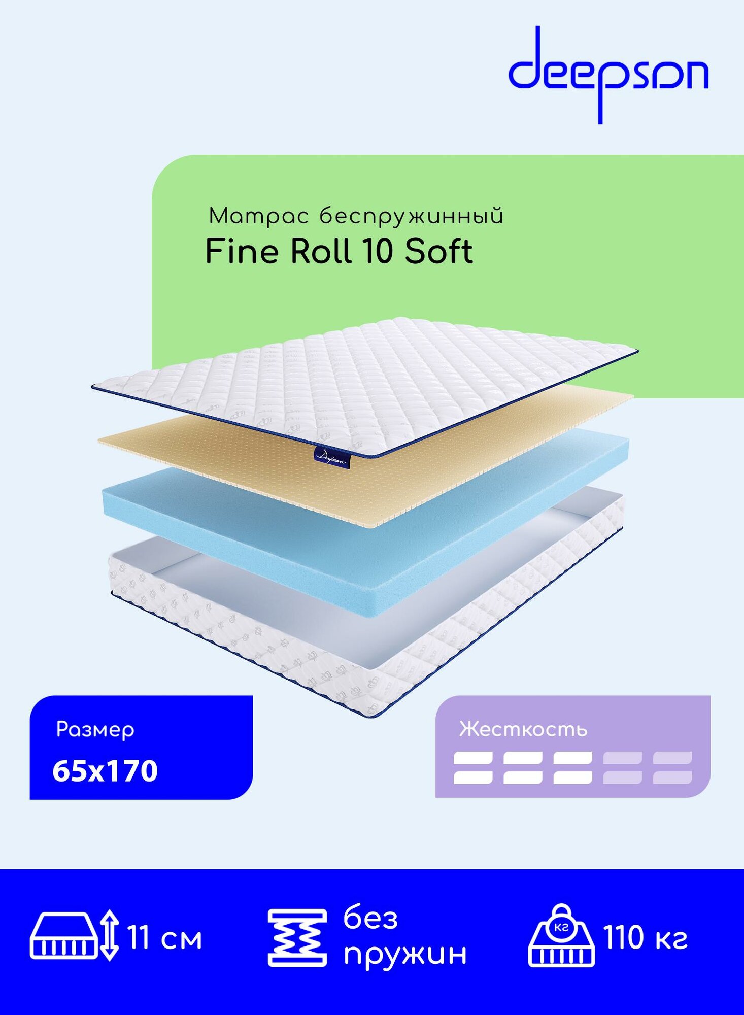 Матрас 65x170 ортопедический беспружинный Deepson Fine Roll 10 Soft