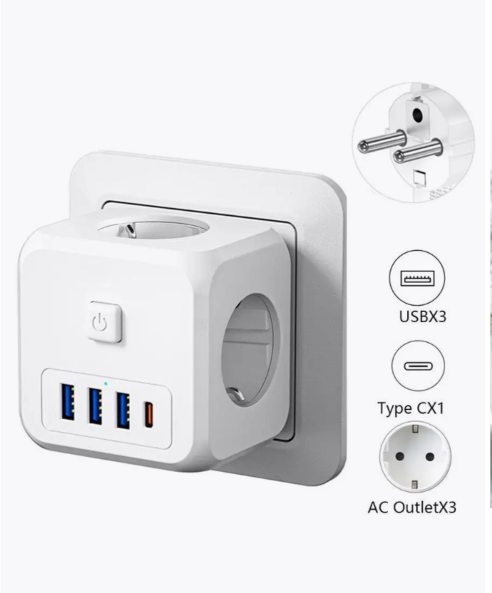 Тройник куб для розетки с 3 розетками, 3 портами USB, 1 портом Type-C — фото 1