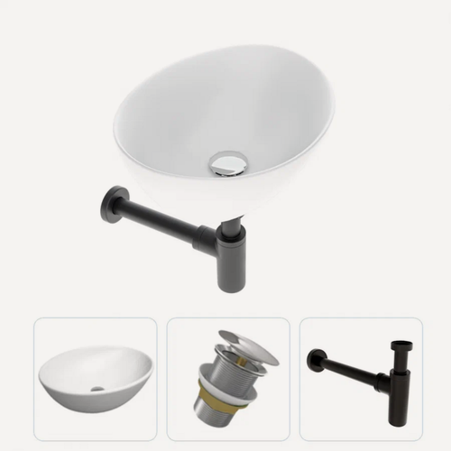 Изображение товара Раковина накладная для ванной Teymi Lori 40 + донный клапан клик-клак без перелива хром и сифон черный матовый F07528