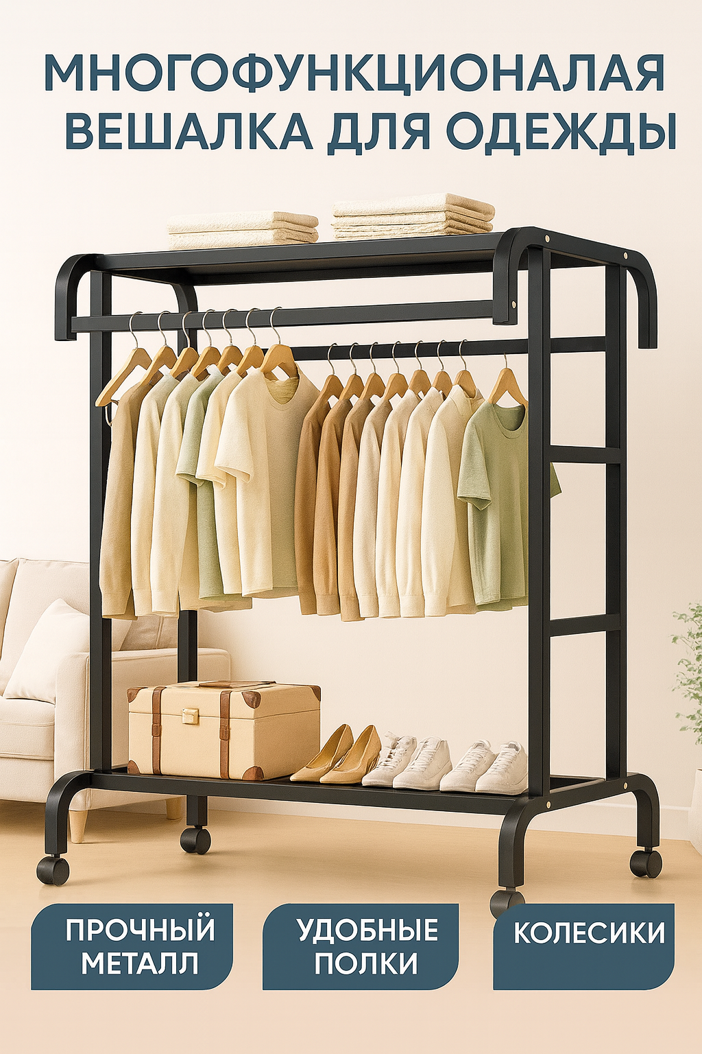 Вешалка напольная для одежды металлическая, чёрная, с полкой для обуви.