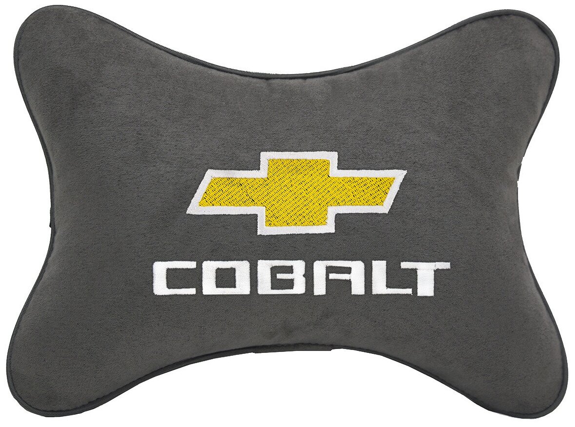 Автомобильная подушка на подголовник алькантара D.Grey с логотипом автомобиля CHEVROLET Cobalt
