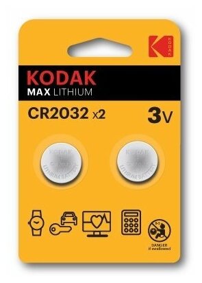 Kodak Батарейка литиевая Kodak, CR2032-2BL, 3В, блистер, 2 шт.