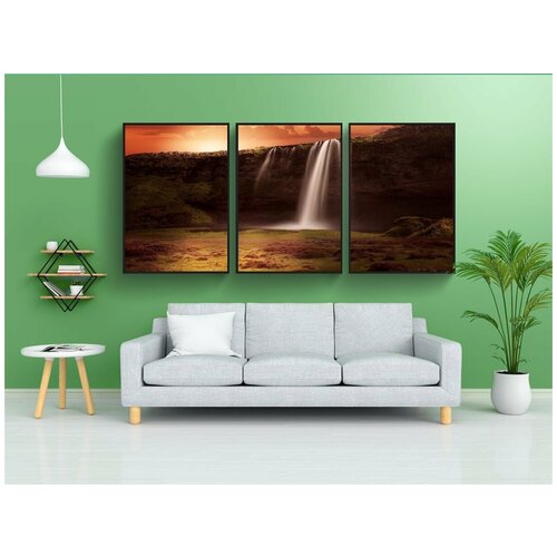 фото Набор модулных постеров для интерьера "водопад, камень, восход солнца" 60x90 см. в тубусе, без рамки lotsprints