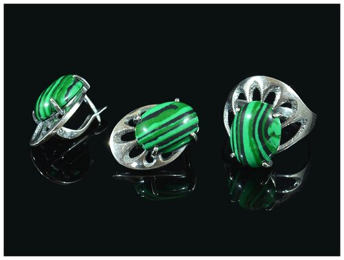 Комплект бижутерии : колье, серьги, мельхиор, малахит синтетический, размер кольца 20, зеленый