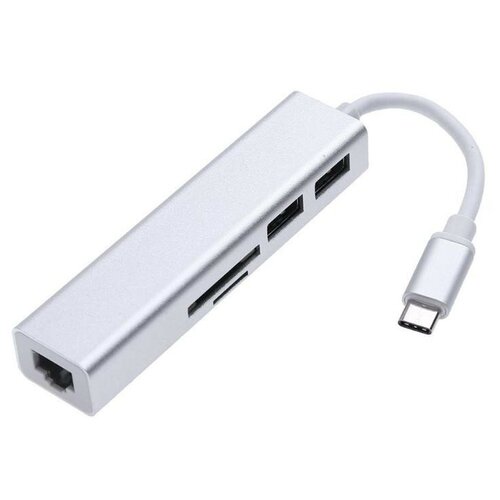 Сетевая карта MyPads разветвитель Type-C/ Hub сплиттер USB 2.0/ Card-reader/ RJ45 с портом Ethernet из алюминиевого корпуса