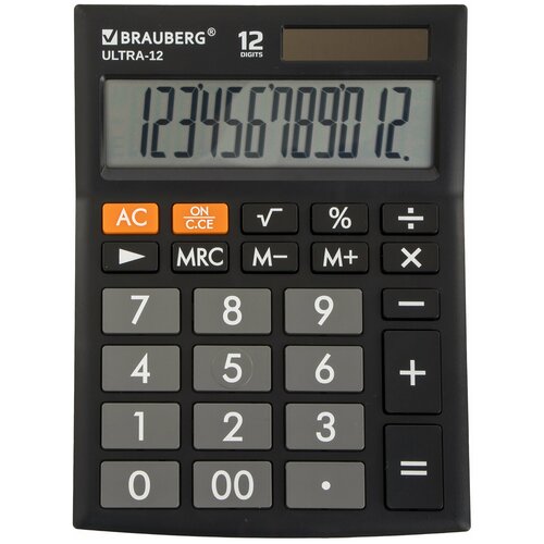 Калькулятор настольный BRAUBERG ULTRA-12-BK (192x143 мм), 12 разрядов, двойное питание, черный, 250491