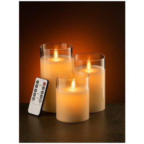 Комплект из 3-х светодиодных восковых LED свечей в стекле с пультом управления