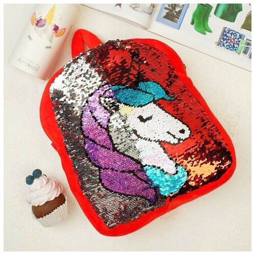 фото Рюкзак "единорог", двусторонние пайетки, цвет красный yandex market