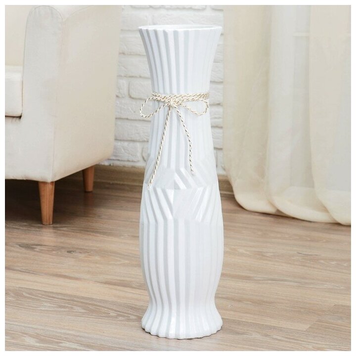 фото Ваза керамика напольная "Данте" 16*60 см, зигзаг, со шнурком, талия, белая 4635464