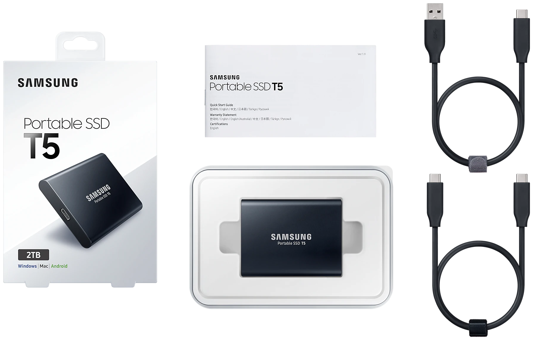 2 ТБ Внешний портативный твердотельный SSD накопитель Samsung T5 (MU-PA2T0B/WW) USB 3.1, черный