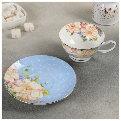 Чайная пара «Чайная роза», чашка 200 мл, блюдце 15 см, цвет голубой