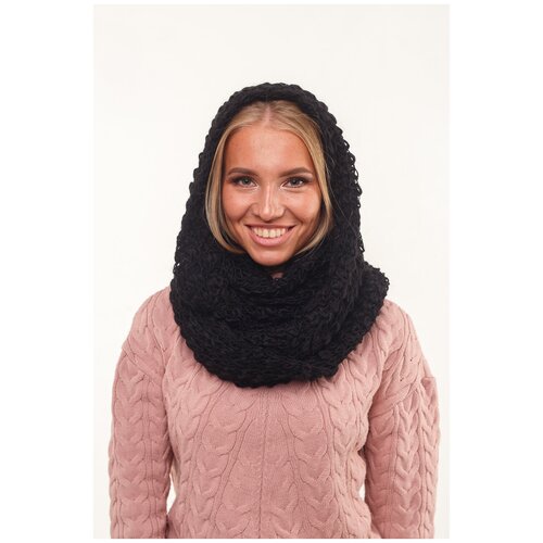 Женский снуд шерстяной, хомут вязаный, крупная вязка, оверсайз капор, шарф-снуд, капюшон, черный цвет, размер 64х46 см