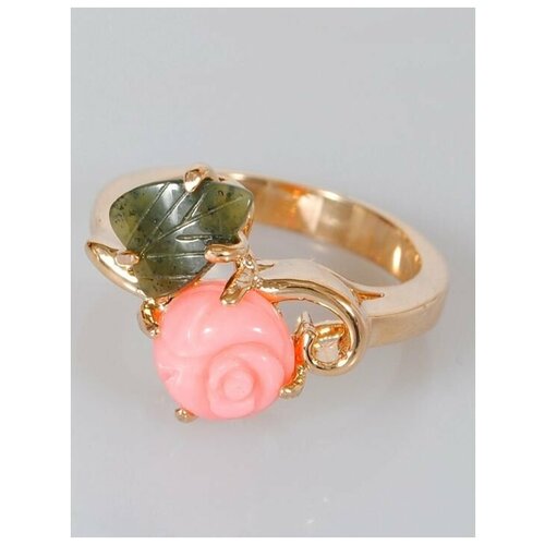фото Кольцо lotus jewelry, бижутерный сплав, золочение, нефрит, коралл, размер 17, зеленый, розовый