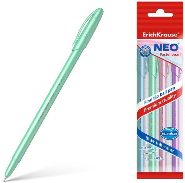 ErichKrause Набор ручек шариковых ErichKrause Neo Pastel pearl, узел 0.7 мм, чернила синие, длина линии письма 1000 метров, 4 штуки, микс