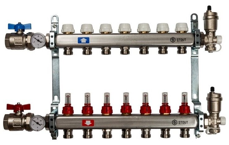 Распределительный коллектор Stout SMS в сборе с расходомерами и рег-щими вставками на 7 контуров 1"х3/4"
