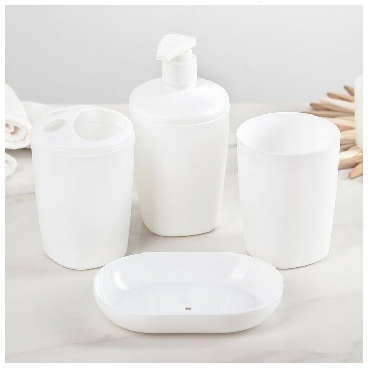 Набор аксессуаров для ванной комнаты Aqua, 4 предмета (дозатор, мылница, 2 стакана), цвет белый