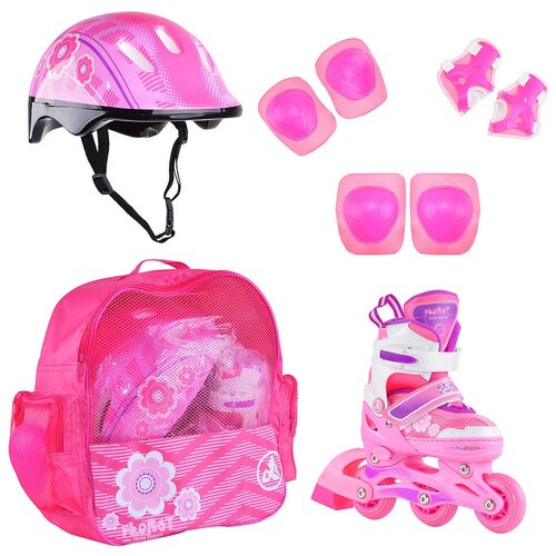 фото Набор роликовые коньки раздвижные floret white pink violet, шлем, набор защиты, в сумке (xs: 27-30) alpha caprice