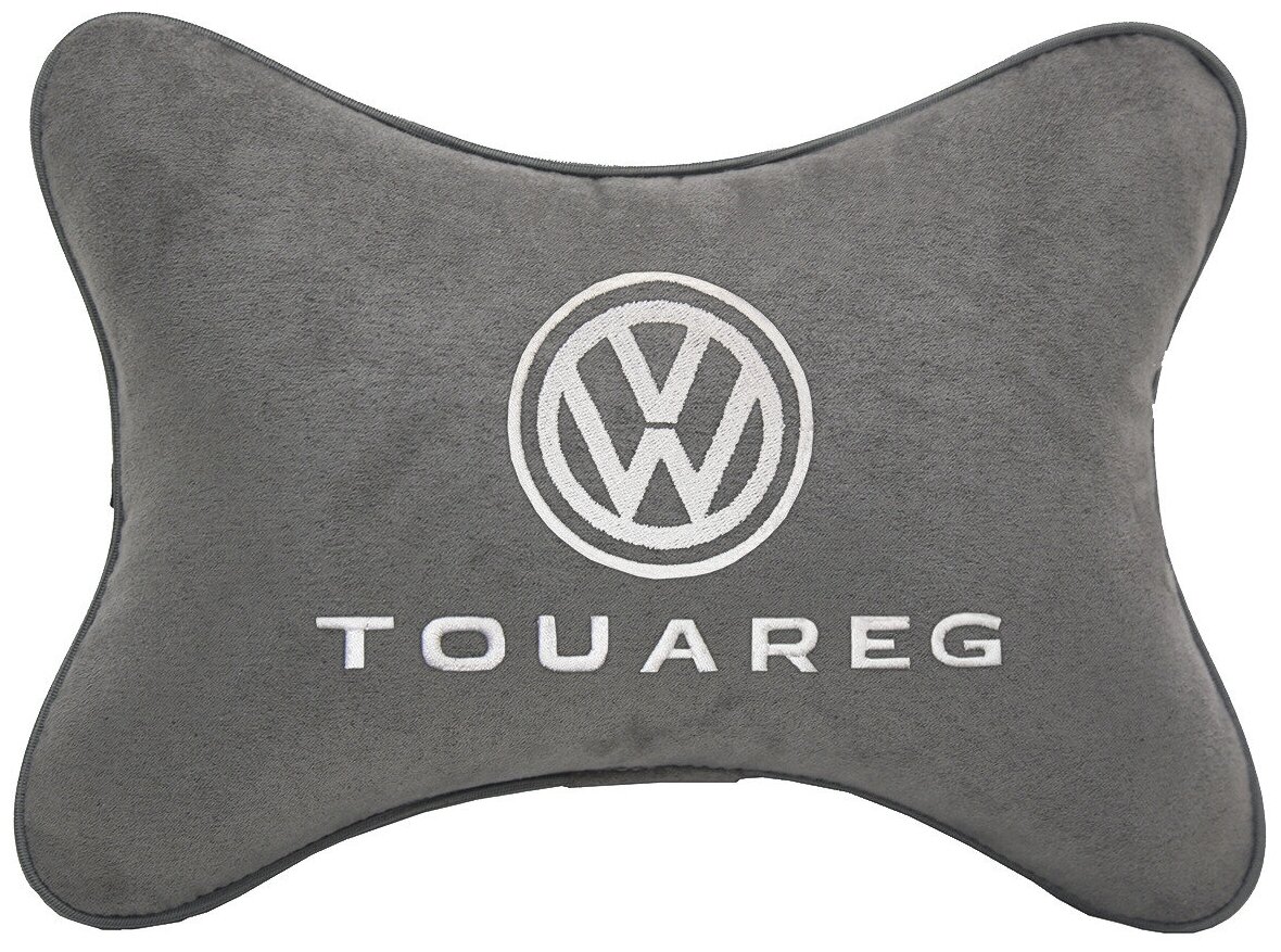 Автомобильная подушка на подголовник алькантара L.Grey с логотипом автомобиля VW Touareg