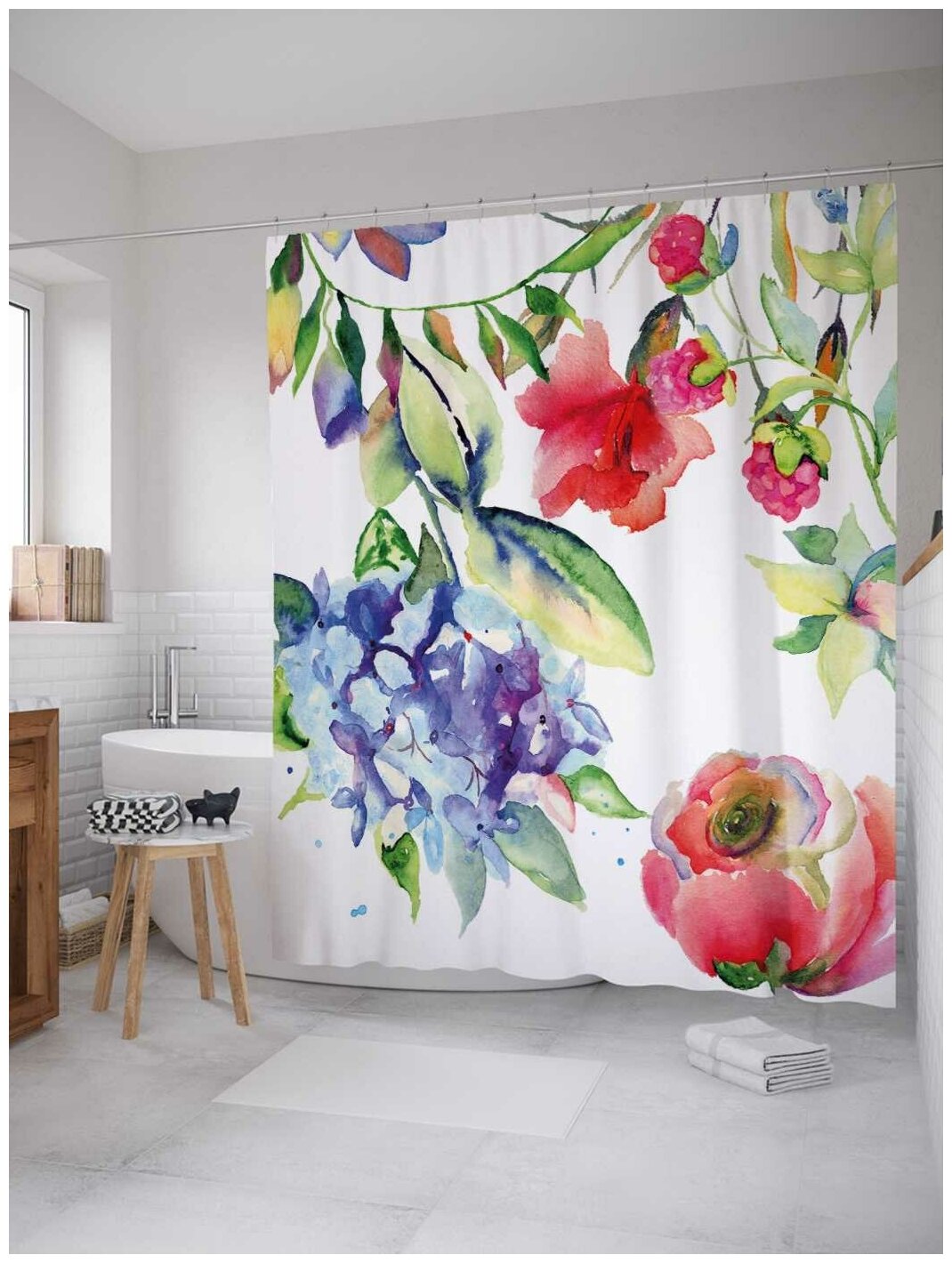 Штора водоотталкивающая для ванной, занавеска в ванную комнату тканевая JoyArty "Акварельные цветы", 180х200 см